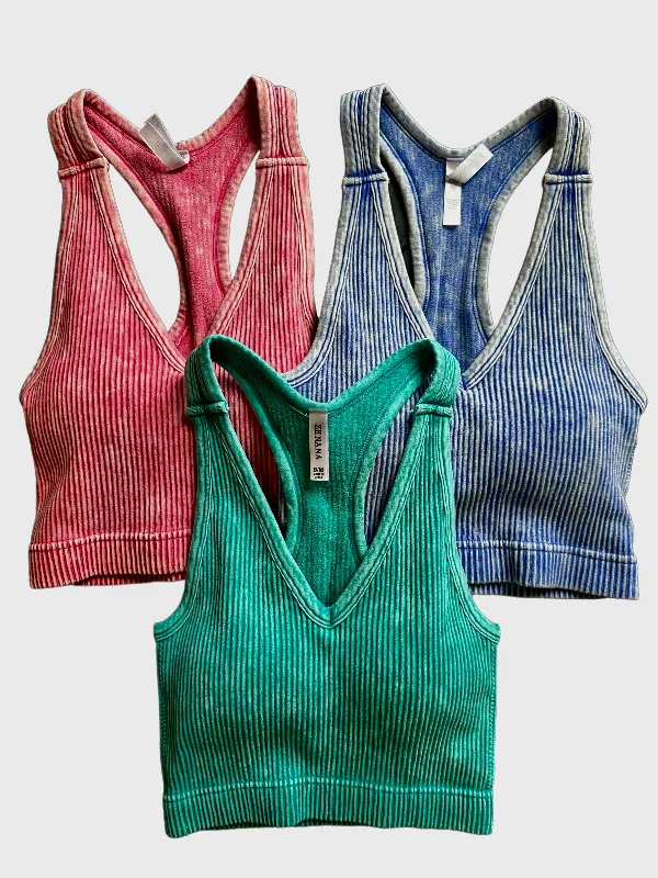 Weekend Offers That Excite Stone Washed Ribbed Racerback Tank Top with Bra Pads - GROUP B