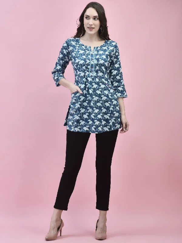 Deal of the Day Women Liva Rayon Blue Floral Print Tunic