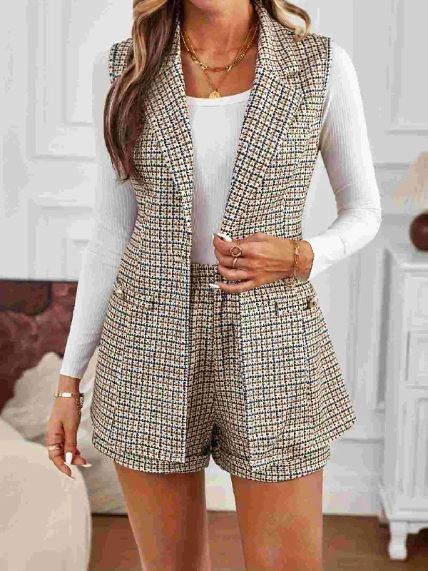 Seasonal Sale Tied Plaid Collared Neck Vest and Shorts Set