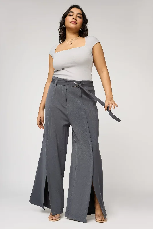 Loyalty Reward Dove Grey Curve Belted Flared Korean Pants