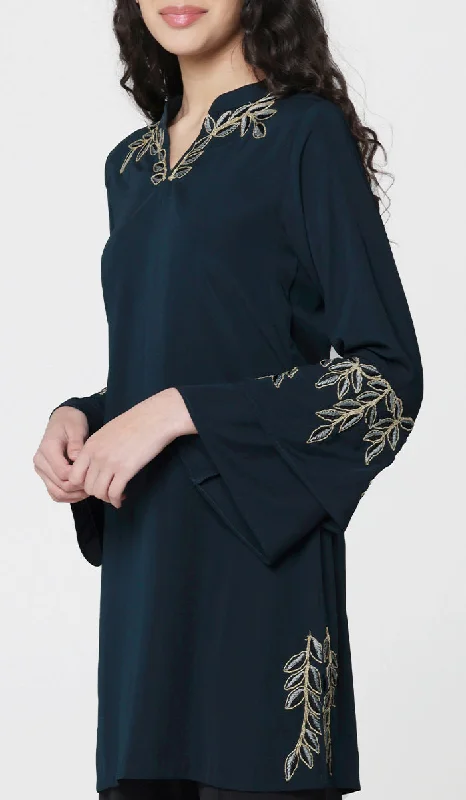 Limited Availability Arzoo Gold  Embellished Long Modest Tunic - Dark Teal - PREORDER (ships in 2 weeks)
