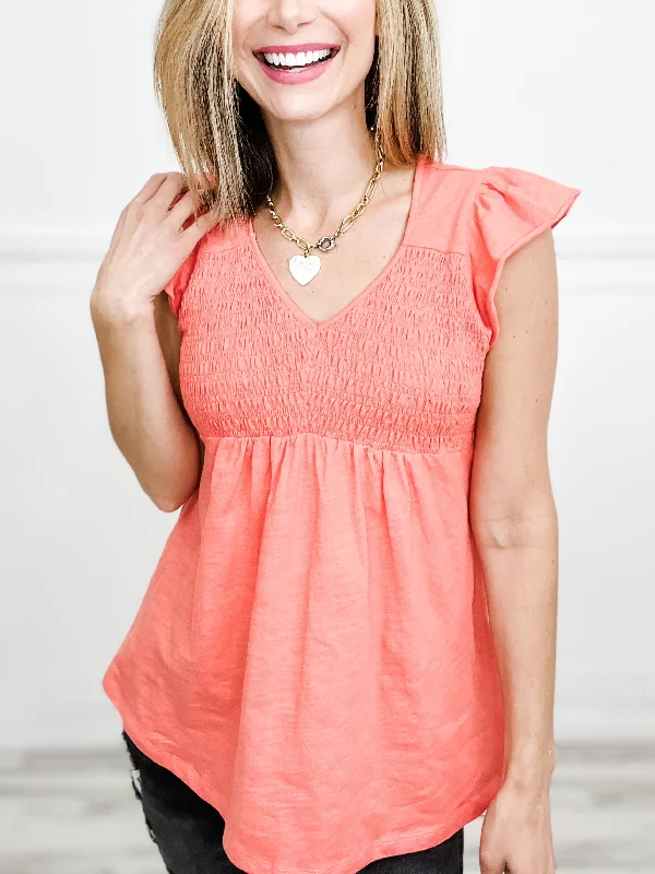 Weekend Steals Await Happiness Smocked Ruffle V-Neck Top