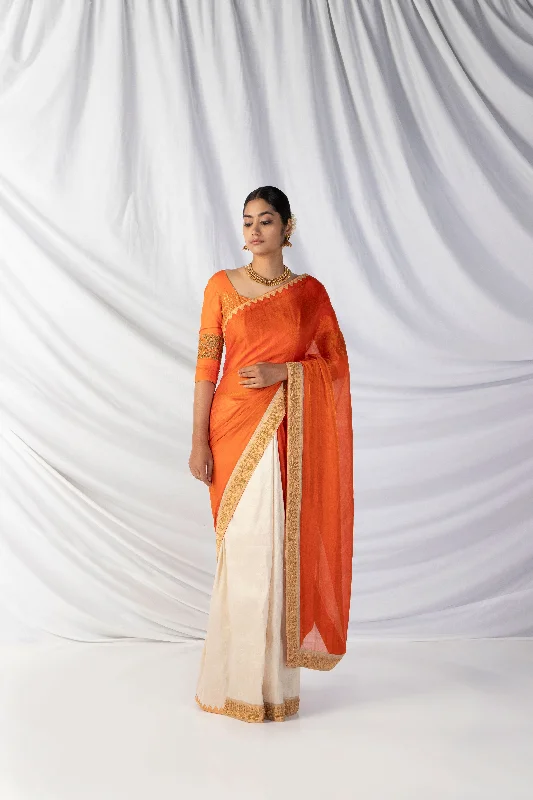 Early Bird Siri Saree And Blouse Set In Fine Orange , Pearle White