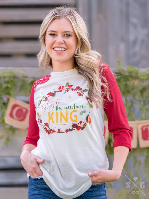Weekend Deals That Wow Glory to the Newborn King on White & Red Raglan with Lace Accent Weekend Deals That Wow Glory to the Newborn King on White & Red Raglan with Lace Accent