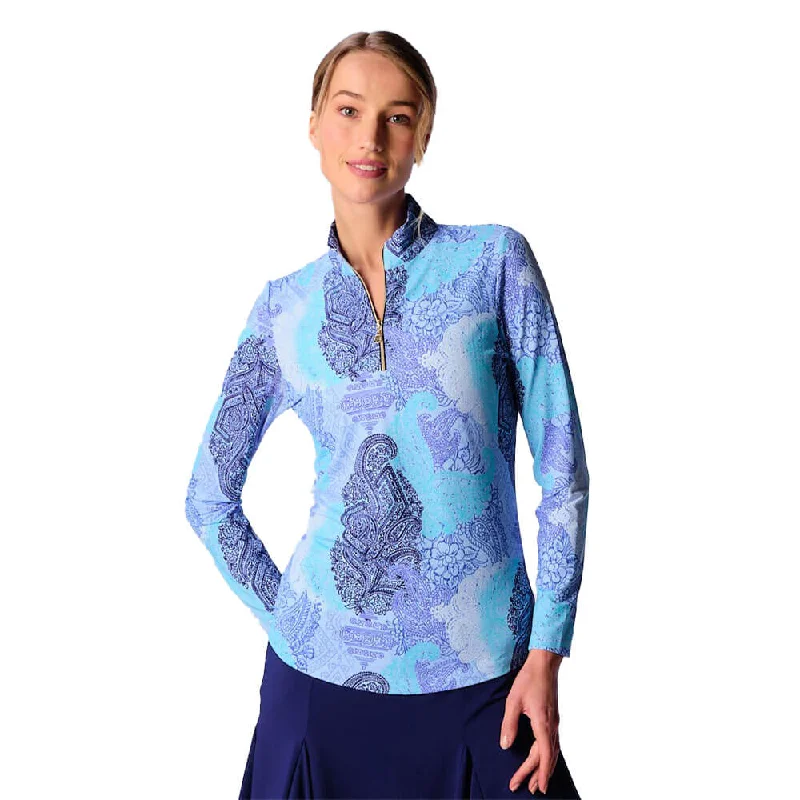 Mega Sale G Lifestyle Long Sleeve Print Zip Mock Neck Top - Blue Paisley