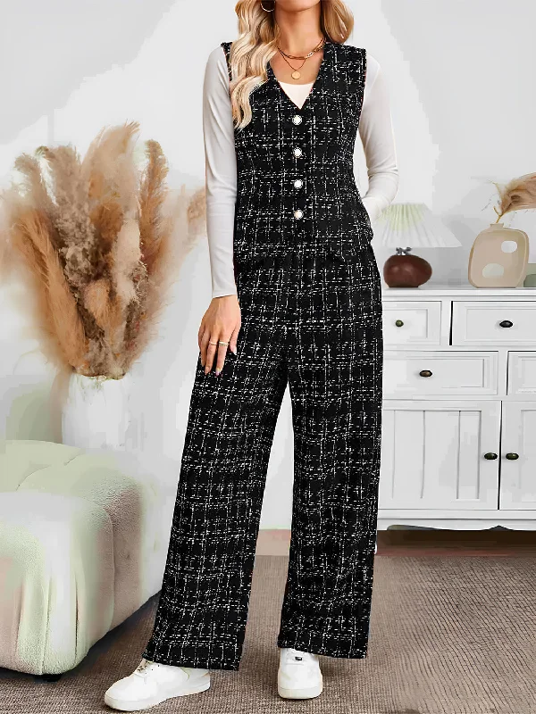 Exclusive Online Offer Plaid V-Neck Button Up Vest and Pants Set