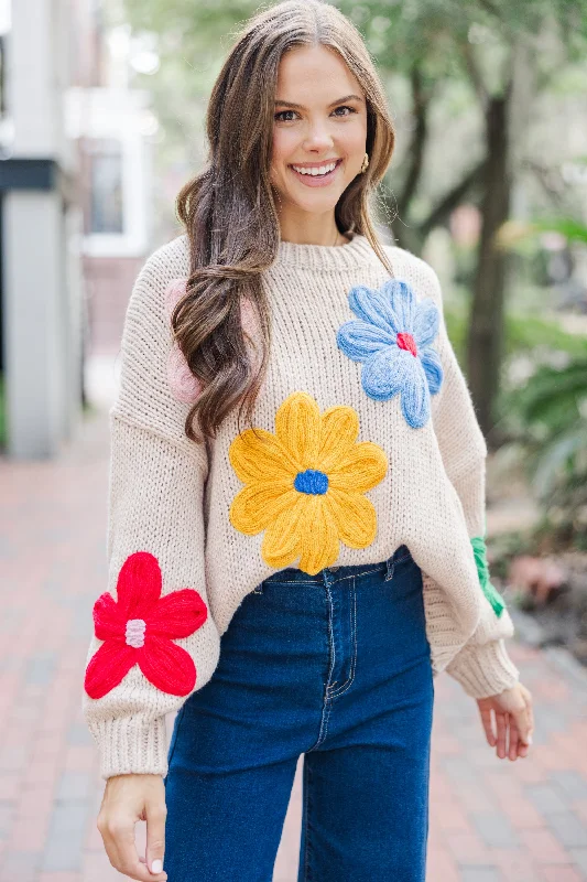 Don't Wait You're The One Oatmeal Floral Sweater