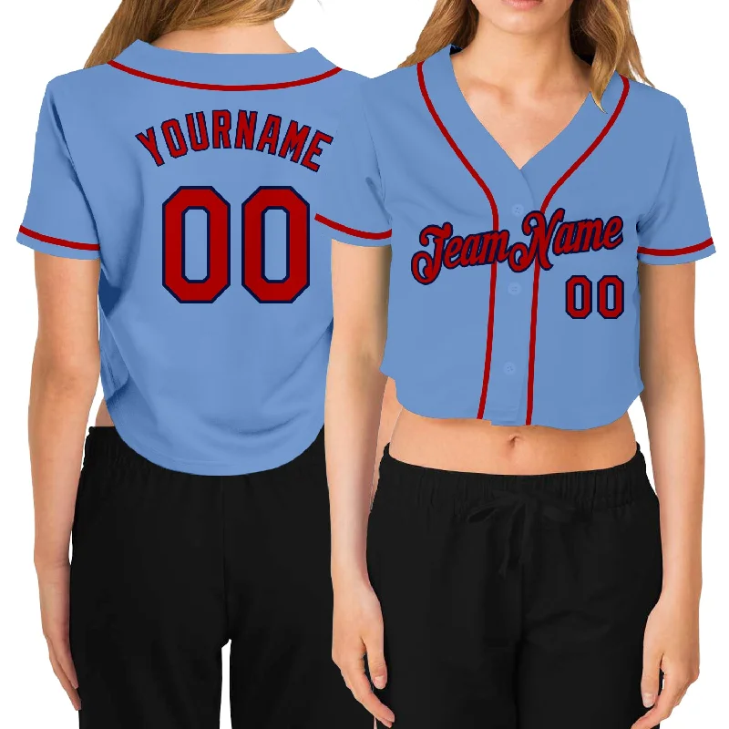 Lowest Price Custom Women's Light Blue Red-Navy V-Neck Cropped Baseball Jersey