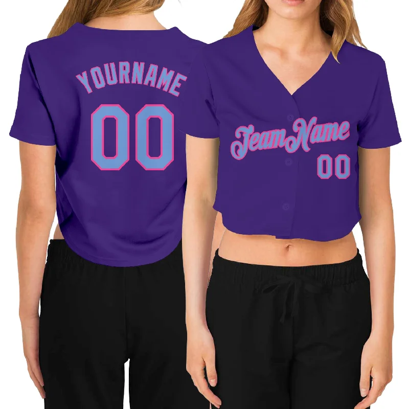 Price Reduction Custom Women's Purple Light Blue-Pink V-Neck Cropped Baseball Jersey