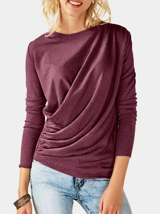 Clearance Items Wholesale Crew Neck Plain Pleated Long Sleeve T-Shirts