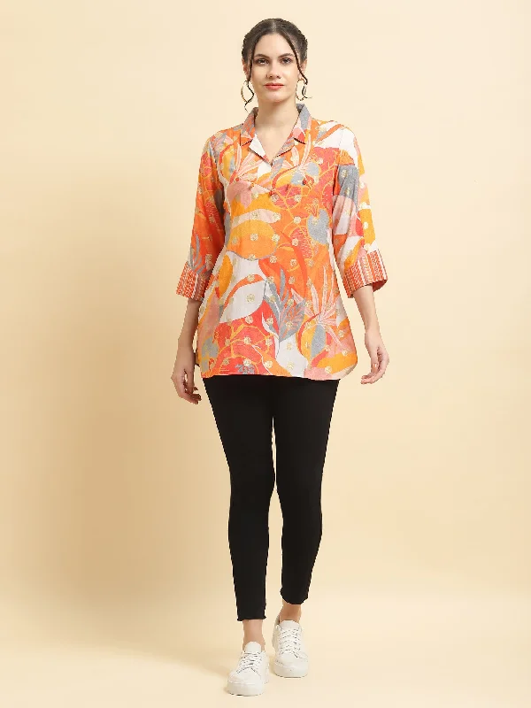 Referral Discount Women Liva Rayon Orange Abstract Print Tunic