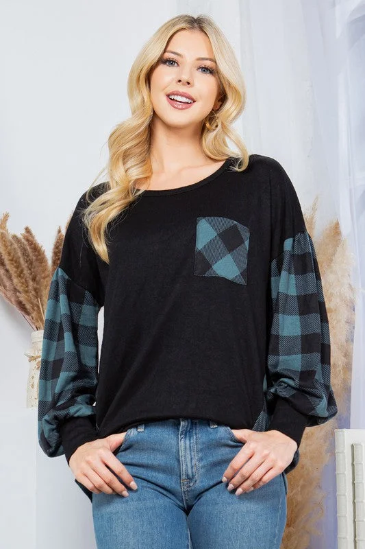 Final Markdown Plaid Contrast Bell Sleeve Sweater Knit