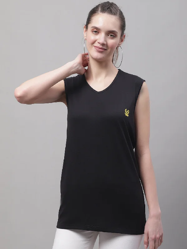 Buy Now Vimal Jonney Regular Fit Cotton Solid Black Gym Vest for Women