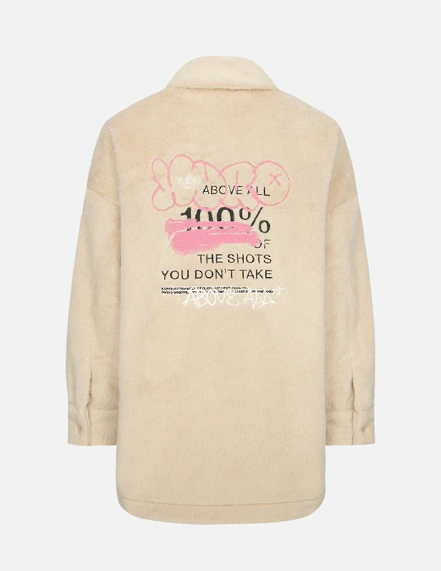 Top Pick Graffiti Logo Embroidery Faux Fur Padded Shirt Jacket