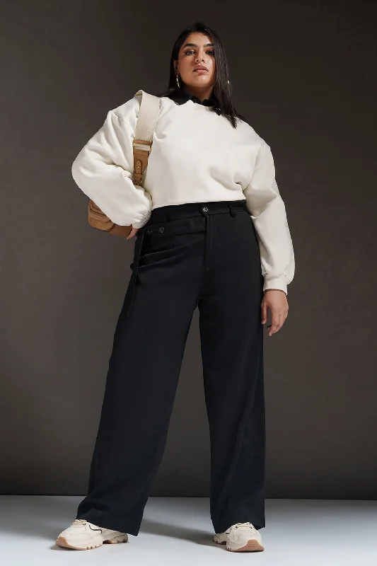 Special Savings Black Quill Curve Strap Detailed Korean Pants