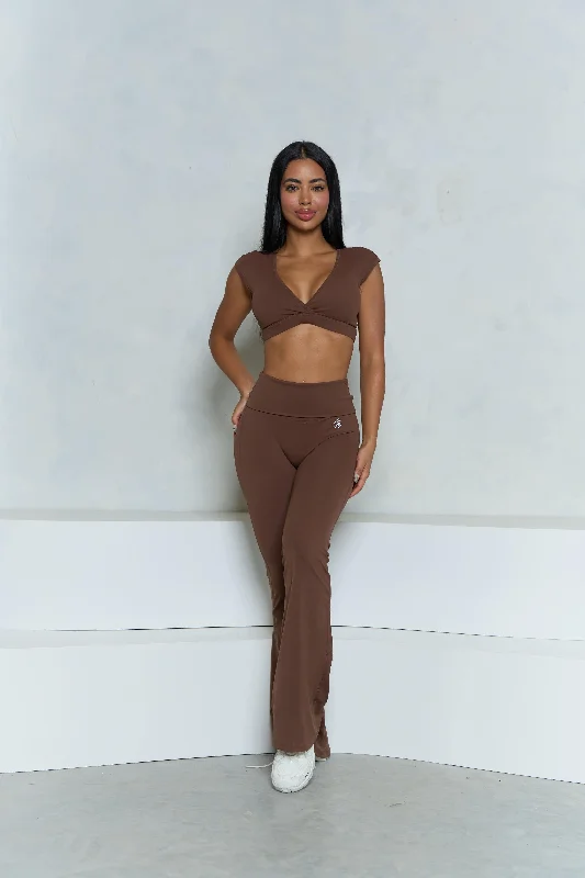 Weekend Offers That Dazzle Brown V-Neck Crop Top and Flare Pant Set