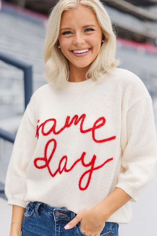 New Markdowns It's Game Day Ivory/Red Puff Sleeve Sweater