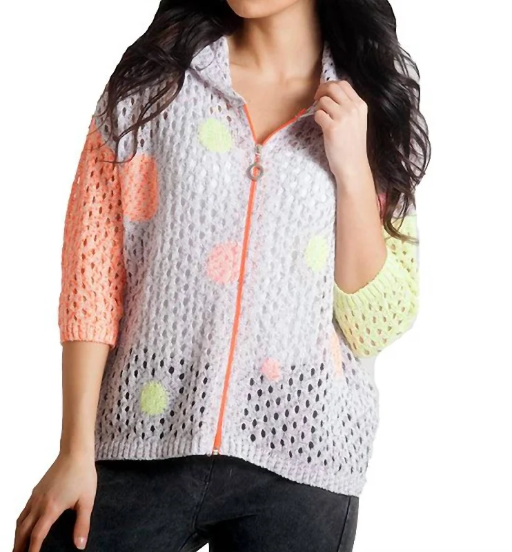 Weekend Savings Extravaganza Daisy Bubbles Crochet Zip Cardigan In Slate Multi