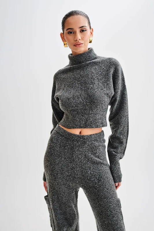 Unbeatable Deal Darius Turtleneck Knit Crop Top - Charcoal Marle