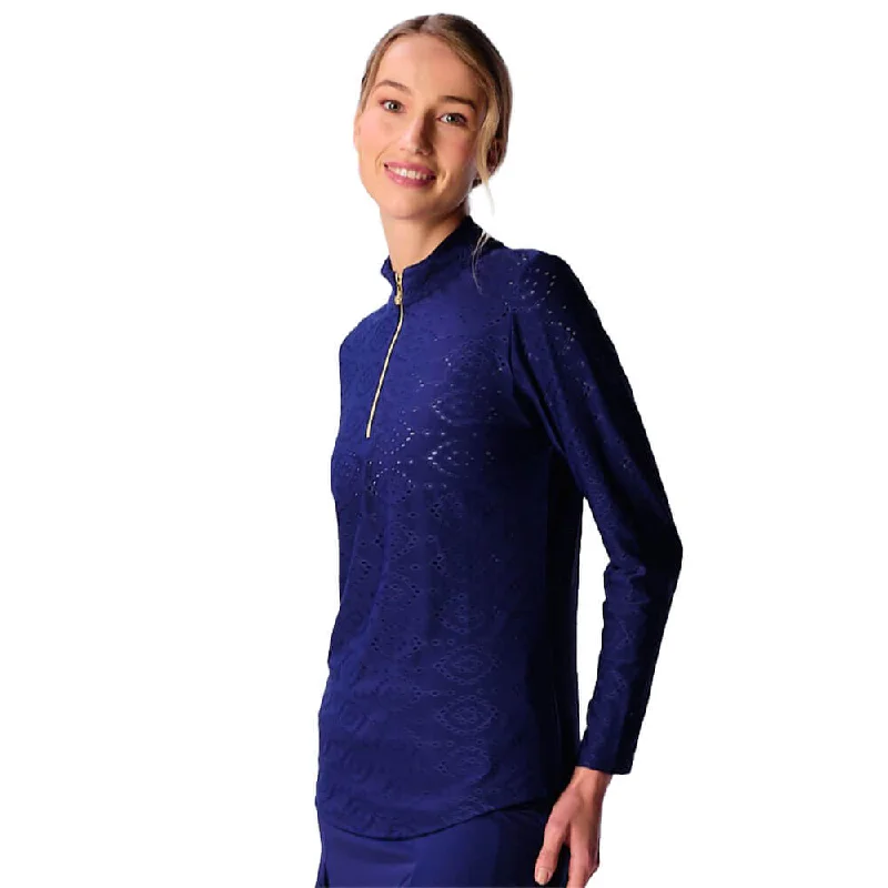 Super Deal G Lifestyle Long Sleeve Print Zip Mock Neck Top - Navy Eyelet
