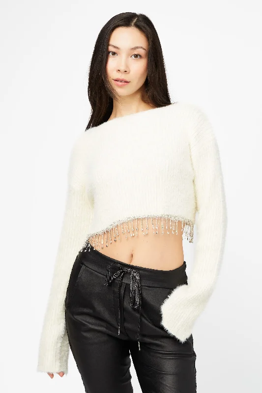 Daily Specials Paris Fuzzy Rhinestone Fringe Sweater