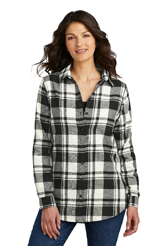 Port Authority Womens Flannel Long Sleeve Button Down Shirt - Snow White/Black