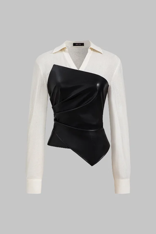 Extra Savings Faux Leather Linen Asymmetrical Patchwork Zipper V-Neck Long-Sleeve Shirt