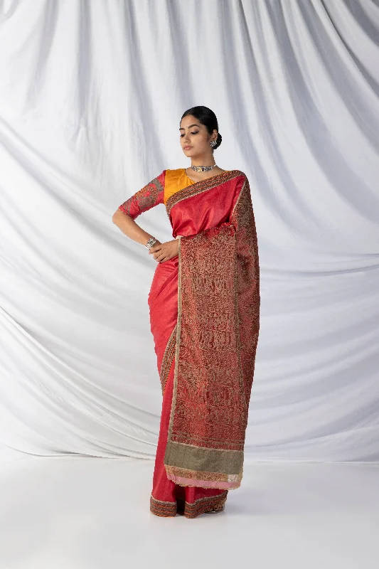 Clearance Sale Gandberunda Saree And Blouse Set In Strawberry Pink And Ochre Orange