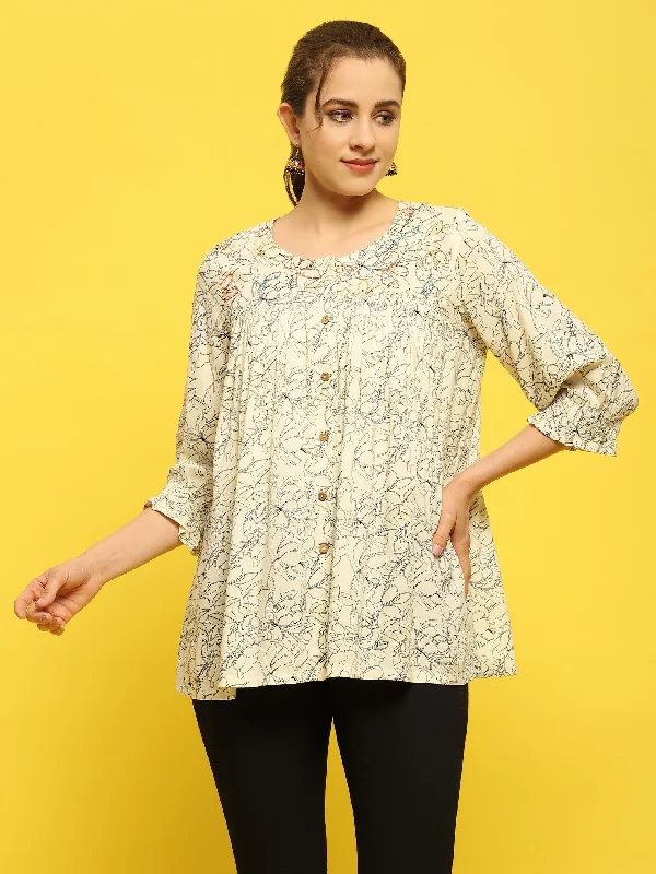 Weekend Offers That Delight Women Liva Rayon Off White Floral Print Tunic