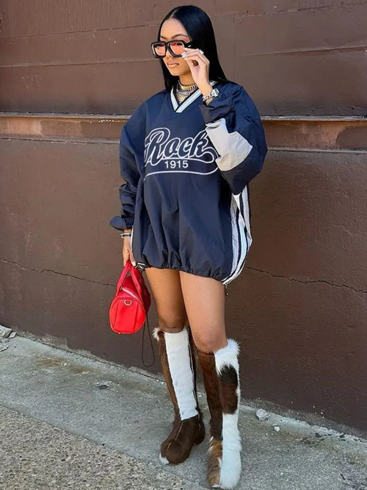 Weekend Discounts to Indulge In Street Casual Letter Print Contrast Color Woven Loose Mid Length Hoody