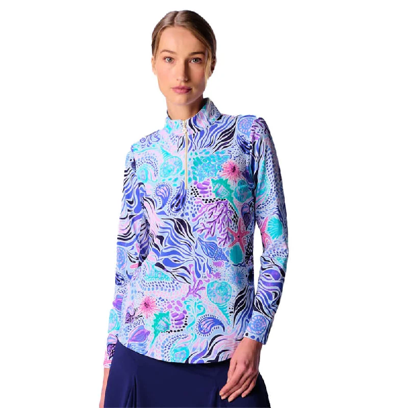 Bargain Alert G Lifestyle Long Sleeve Print Zip Mock Neck Top - Blue Sea Wave