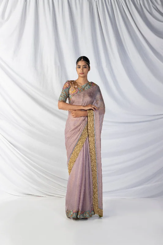 Limited Edition Niloufer Saree And Blouse Set In Periwinkle Purple And Dull Gold
