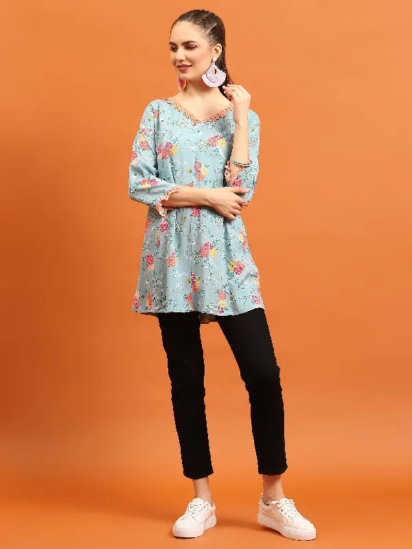 Weekend Deals That Sizzle Women Sea Blue Floral Printed Tunic