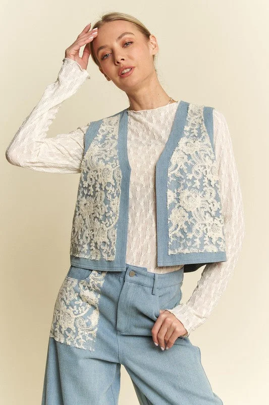 Low Prices Davi & Dani Lace Patch Open Front Denim Vest