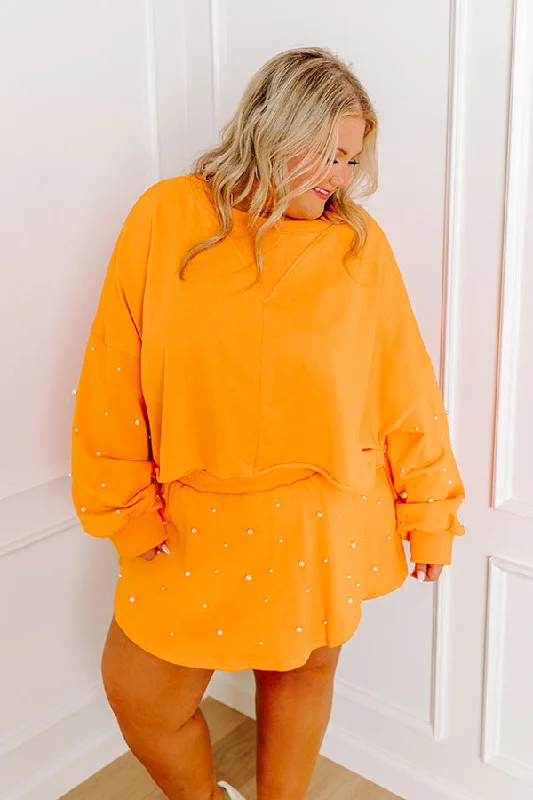 Buy More, Save More Sideline Chic Pearl Embellished Crop Sweatshirt in Orange Curves