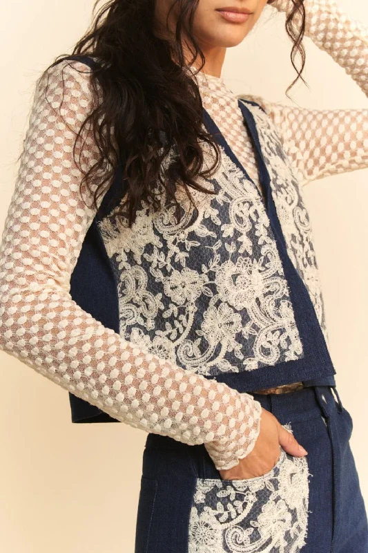 Fantastic Offers Davi & Dani Lace Patch Open Front Denim Vest