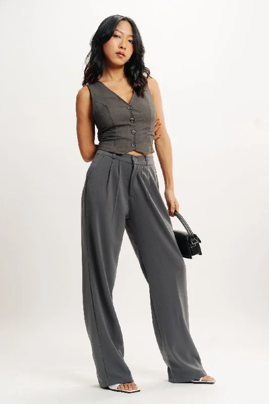 Weekend Discounts to Delight Grey Pleated Straight Fit Korean Pant