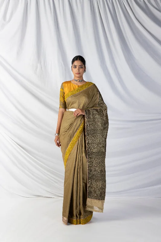 Lowest Price Gandberunda Saree And Blouse Setin Tortilla Brown And Black