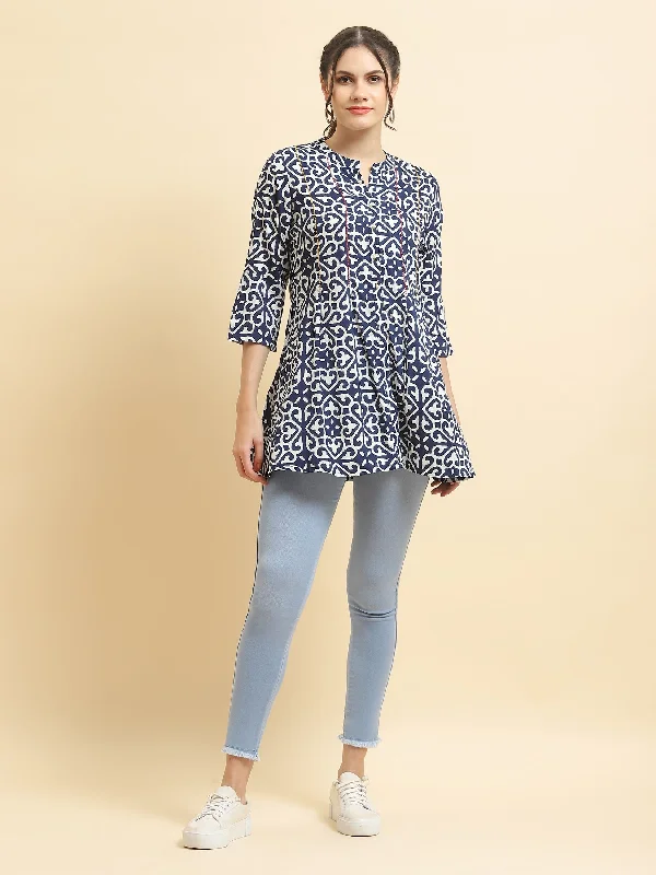 Savings Bonanza Women Liva Rayon Navy Blue Geometric Print Tunic