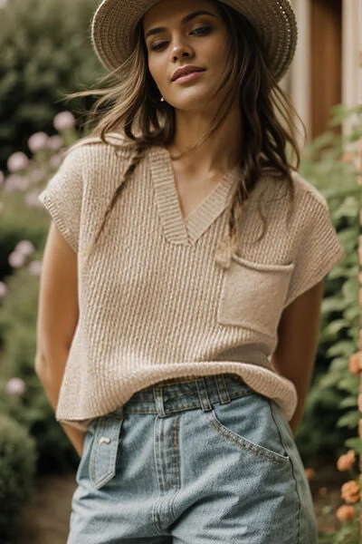 Take Advantage Pocketed V-Neck Cap Sleeve Sweater Vest