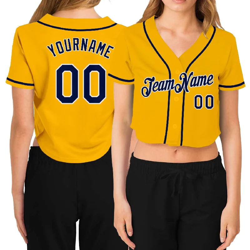 Weekend Offers That Thrill Custom Women's Gold Navy-White V-Neck Cropped Baseball Jersey