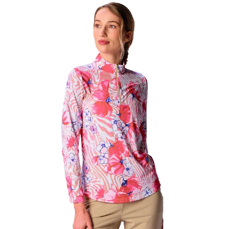 Today's Deal G Lifestyle Long Sleeve Print Zip Mock Neck Top - Beige Zebra