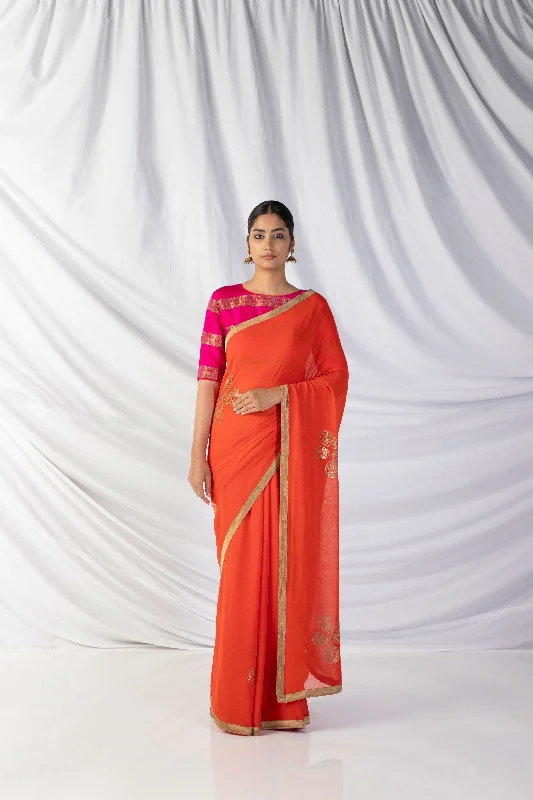 Final Clearance Tara Saree And Blouse Set In Vermilion Orange And Shocking Pink
