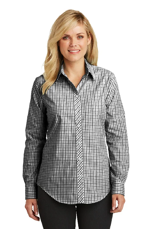 Port Authority Womens Easy Care Wrinkle Resistant Long Sleeve Button Down Shirt - Black/Charcoal Grey - Closeout