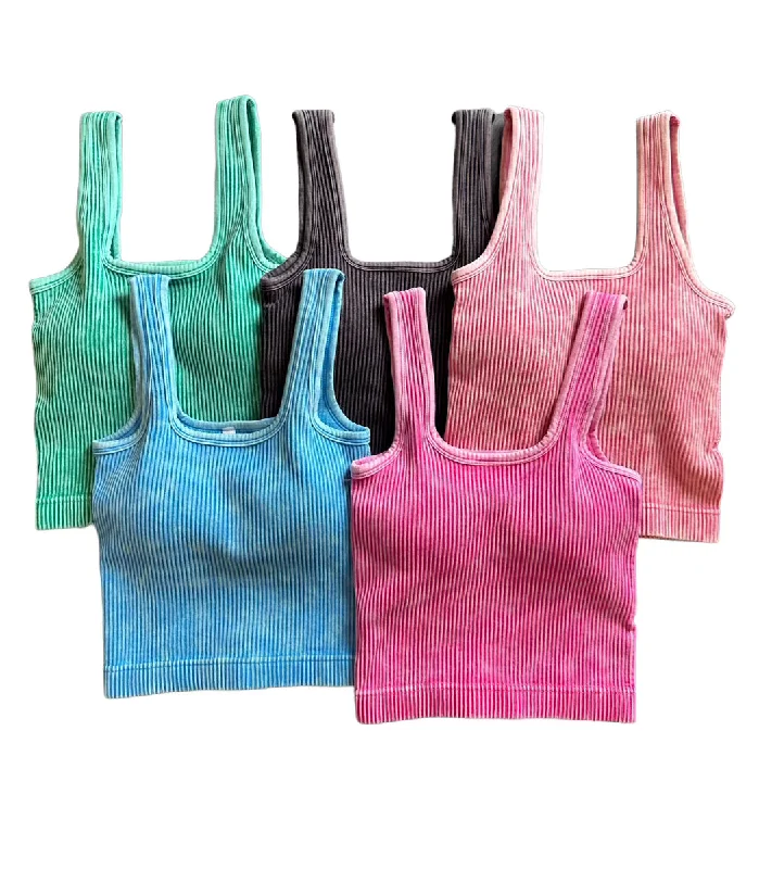 The Best Prices Stone Washed Ribbed Square Neck Tank Top with Bra Pads - GROUP A