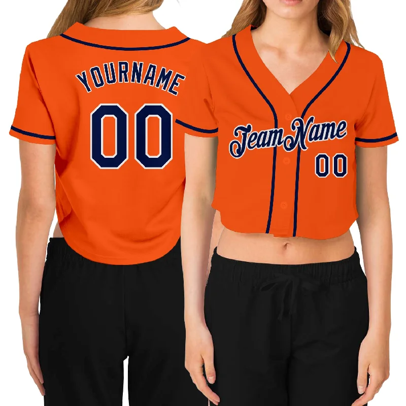 Weekend Offers That Impress Custom Women's Orange Navy-White V-Neck Cropped Baseball Jersey