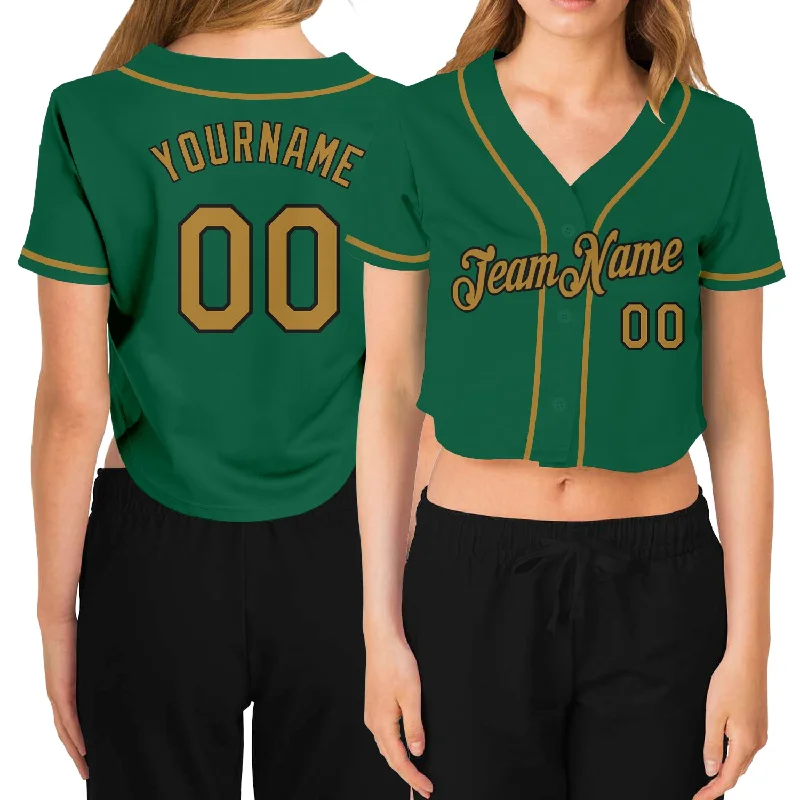 Seasonal Clearance Custom Women's Kelly Green Old Gold-Black V-Neck Cropped Baseball Jersey