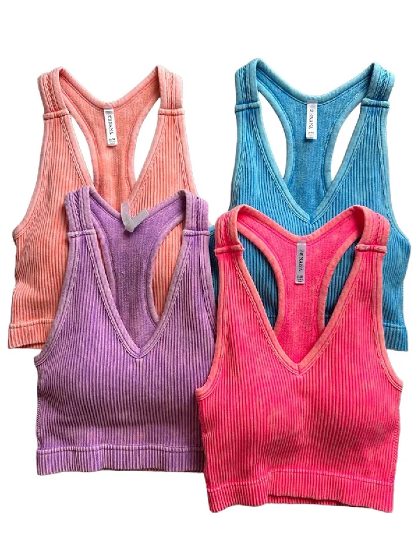 Savings Soar This Weekend Stone Washed Ribbed Racerback Tank Top with Bra Pads - GROUP C