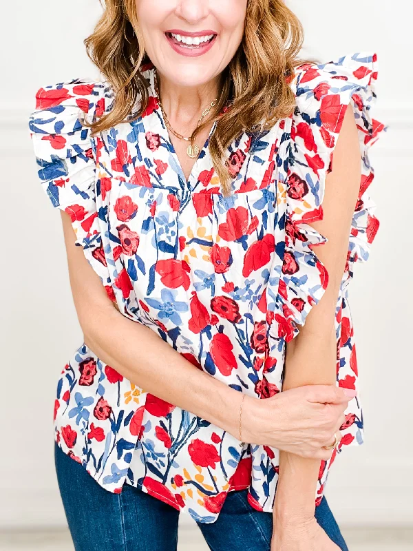 Inventory Reduction Supermarket Flowers V-Neck Ruffled Sleeve Pintuck Detail Top