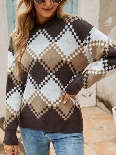 New Deal Plaid Round Neck Dropper Shoulder Sweater